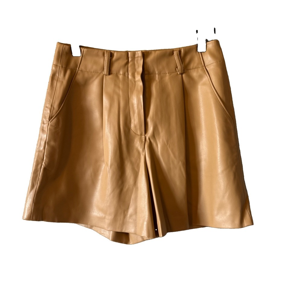 Frankie Shop Camel Brown Faux Leather Hot Shorts High Waist Pleated XS